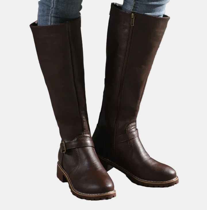 Women's Black Slim Knee-High Boots in Dark Brown