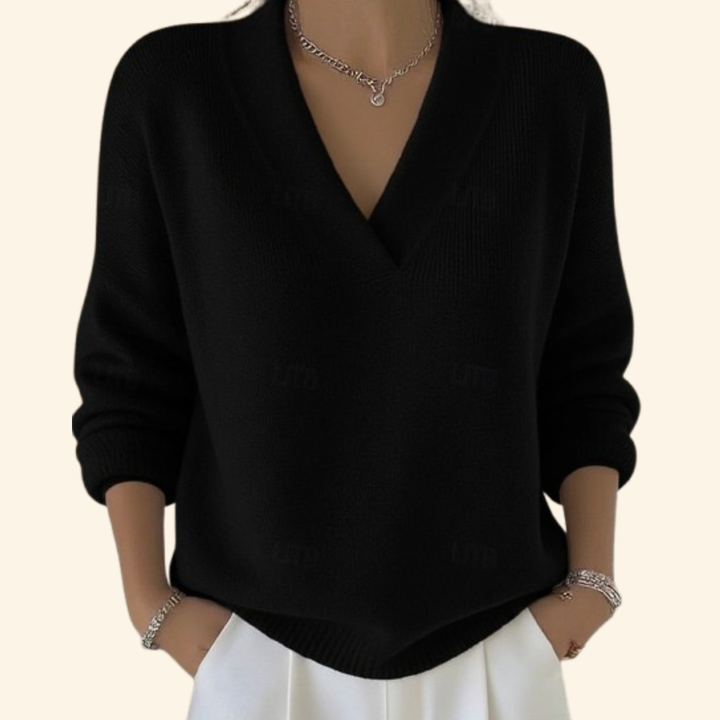 Women's Black Sweater Relaxed V-Neck in Black