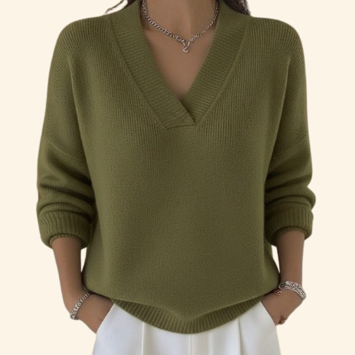Women's Black Sweater Relaxed V-Neck in Green
