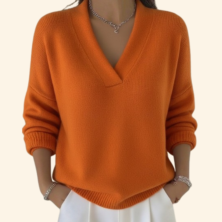 Women's Black Sweater Relaxed V-Neck in Orange