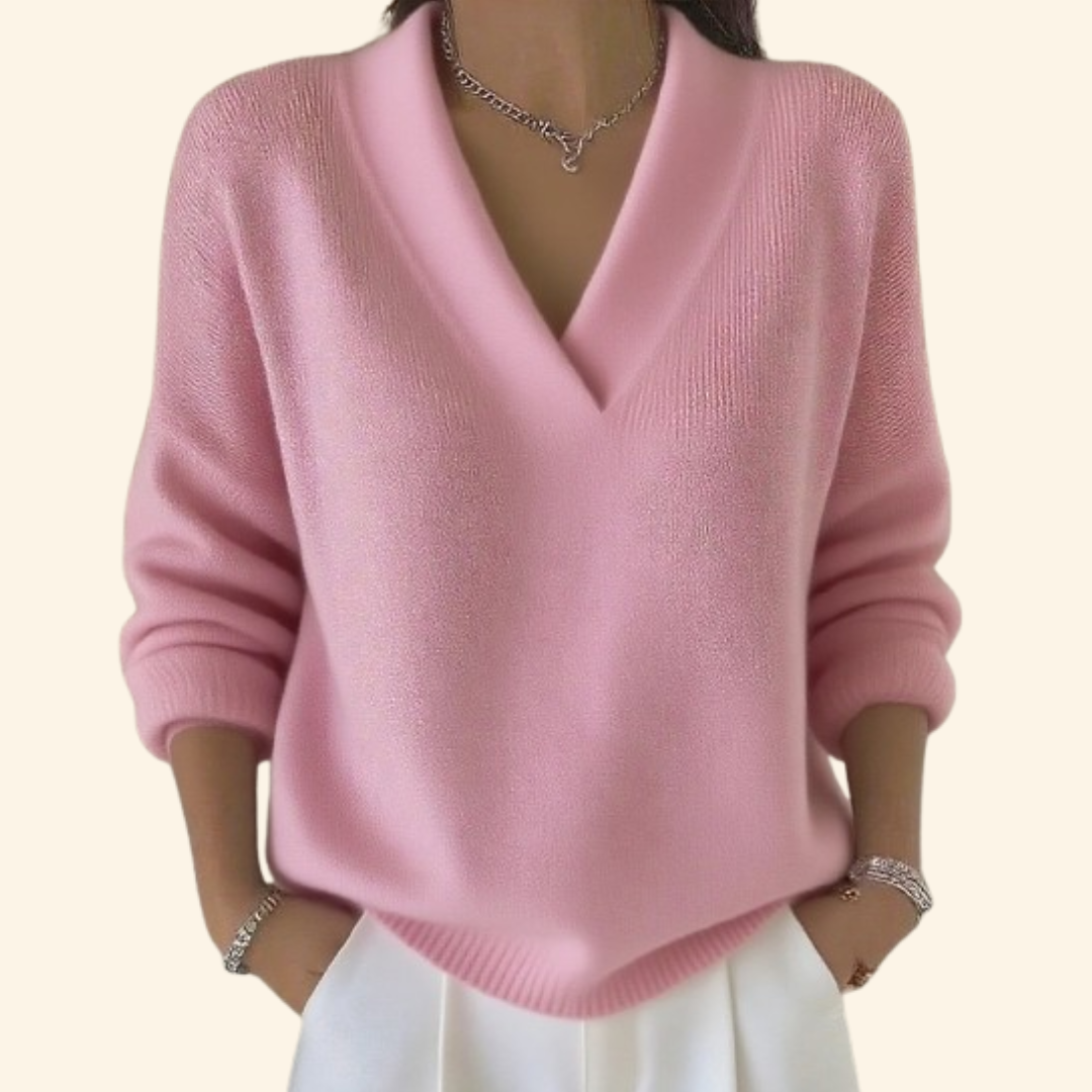 Women's Black Sweater Relaxed V-Neck in Pink