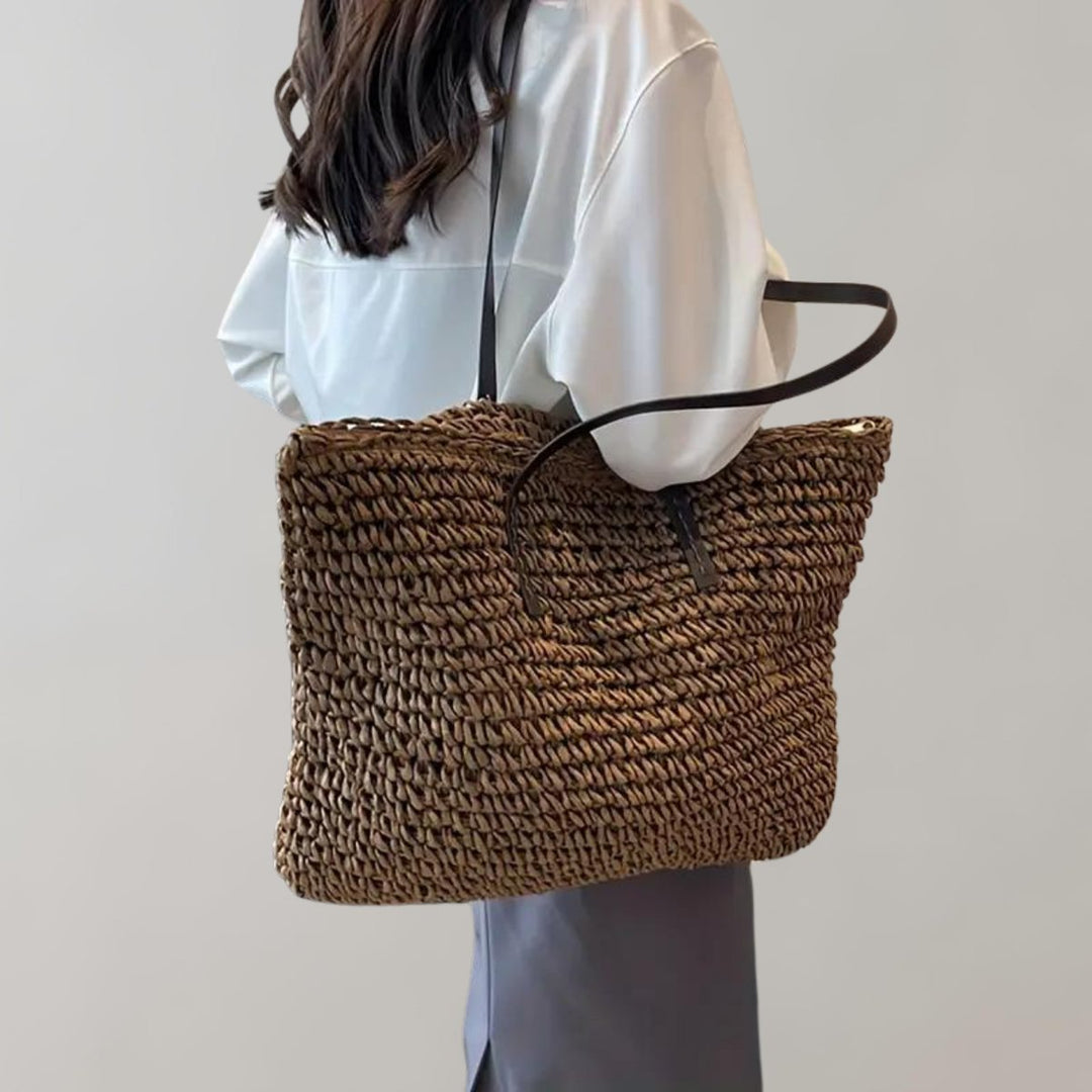 Women's Bohemian Woven Straw Tote Bag in Kaffee