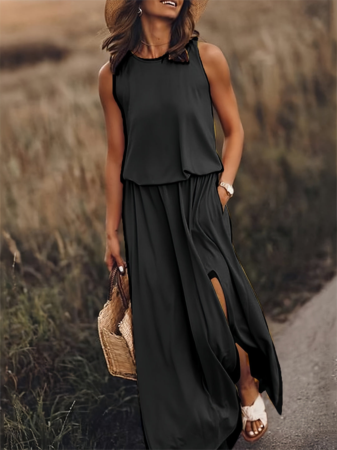 Women's Boho Maxi Dress for Autumn Weddings in Black