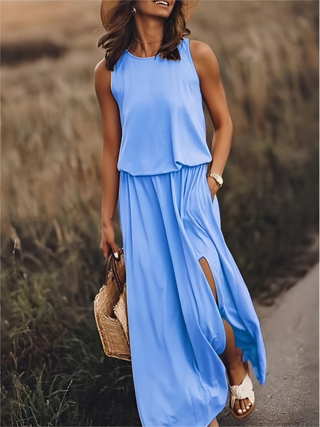 Women's Boho Maxi Dress for Autumn Weddings in Blue