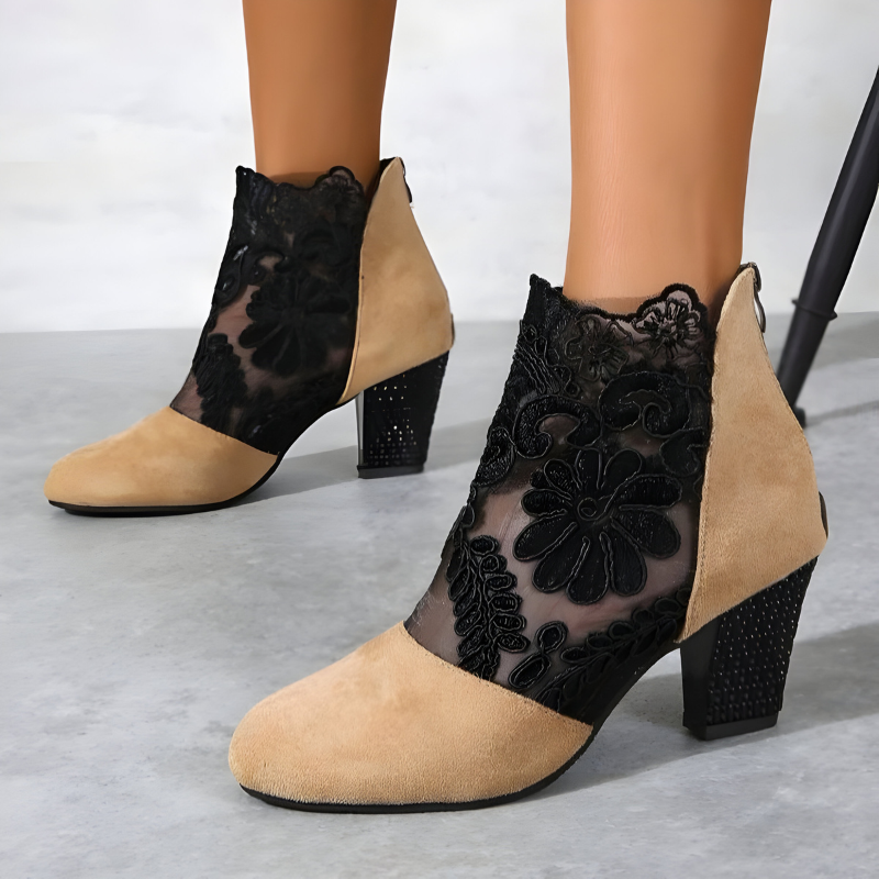 Women's Boots with Elegant Block Heels in Beige