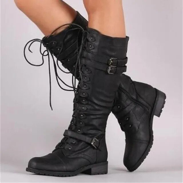 Women's Boots with Flat Lace-Up Retro Style in Black