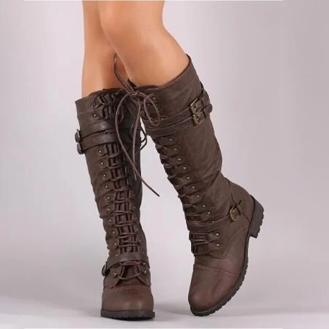 Women's Boots with Flat Lace-Up Retro Style in Brown