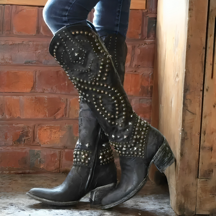 Women's Brown Knee-High Western Boots in Black