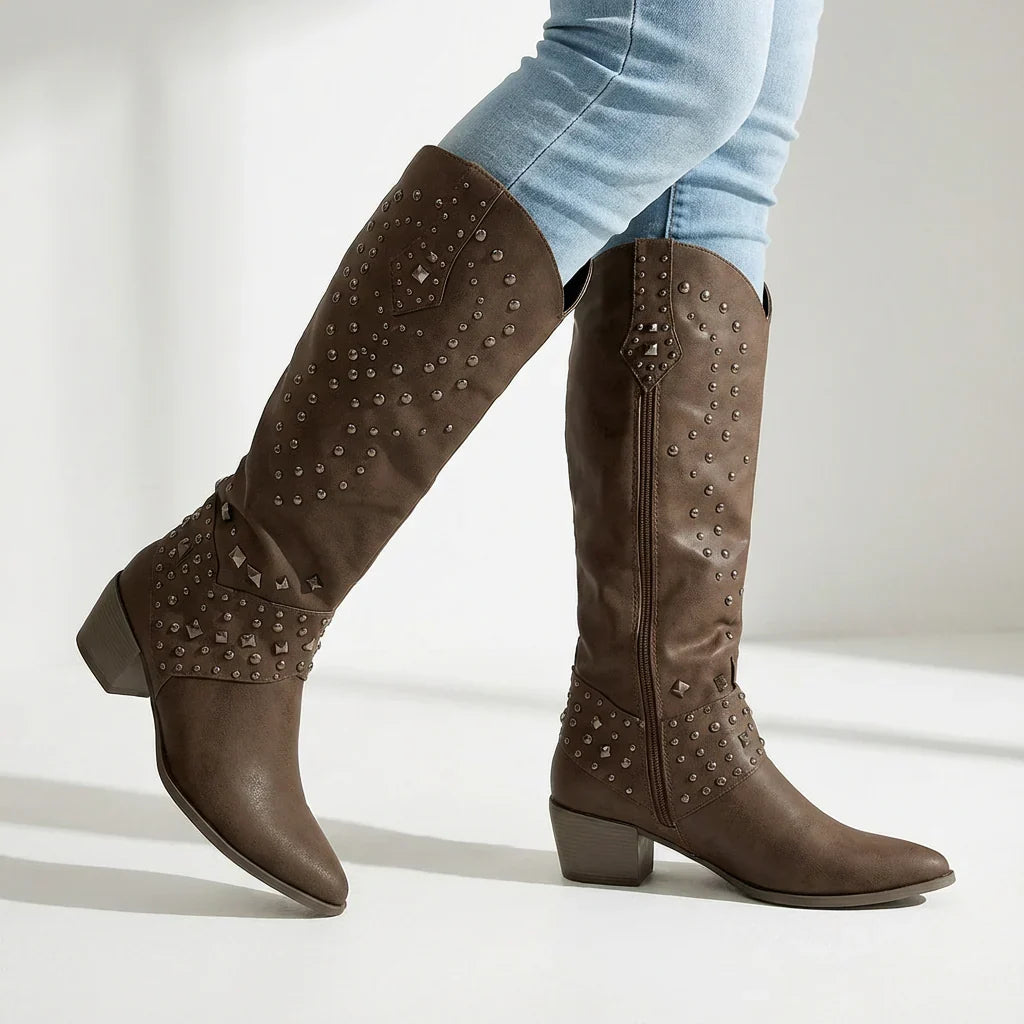 Women's Brown Knee-High Western Boots in Brown