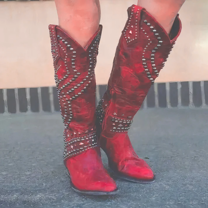 Women's Brown Knee-High Western Boots in Red