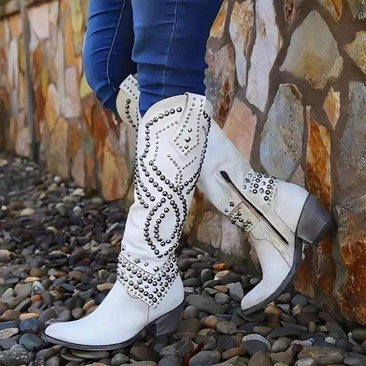 Women's Brown Knee-High Western Boots in White