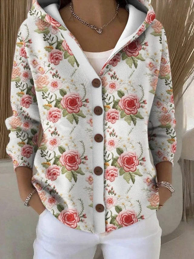 Women's Button-Front Elegant Hoodie in Floral White