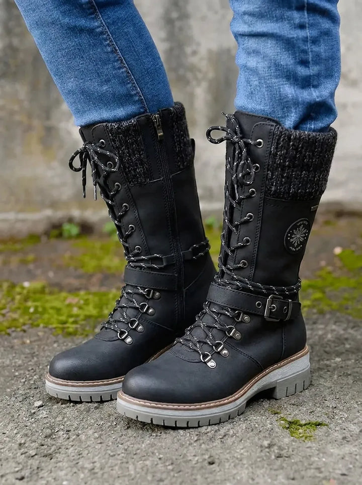 Women's Calf-High Lace-Up Waterproof Fall Boots in Black