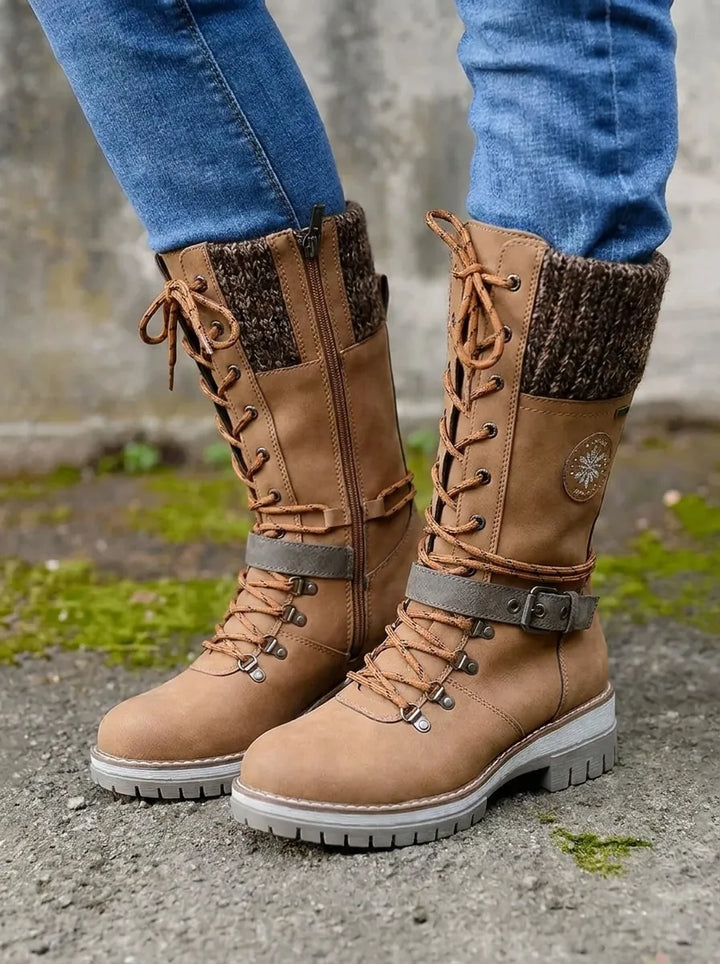 Women's Calf-High Lace-Up Waterproof Fall Boots in Brown