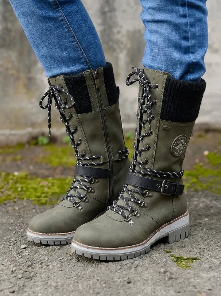 Women's Calf-High Lace-Up Waterproof Fall Boots in Green