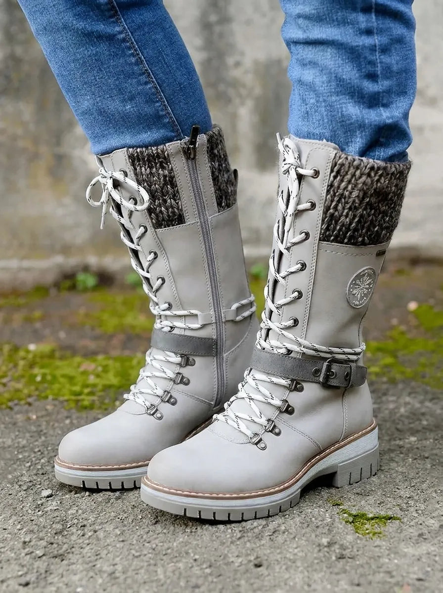 Women's Calf-High Lace-Up Waterproof Fall Boots in Grey