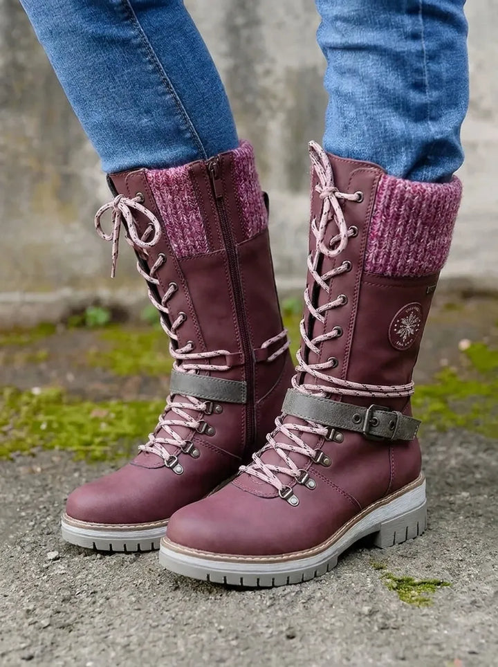 Women's Calf-High Lace-Up Waterproof Fall Boots in Purple