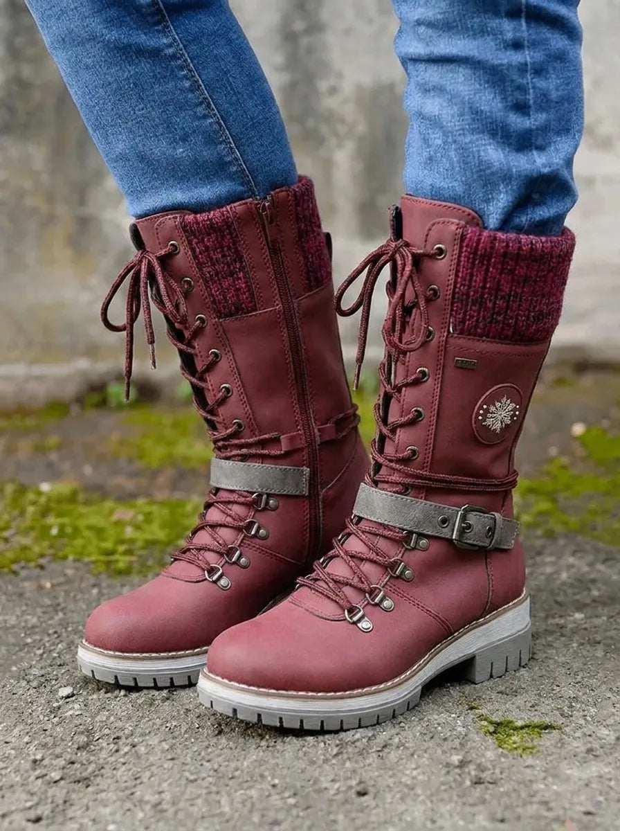 Women's Calf-High Lace-Up Waterproof Fall Boots in Red