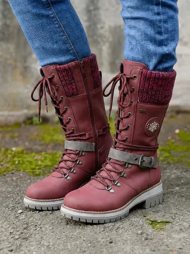 Women's Calf-High Lace-Up Waterproof Fall Boots in Red
