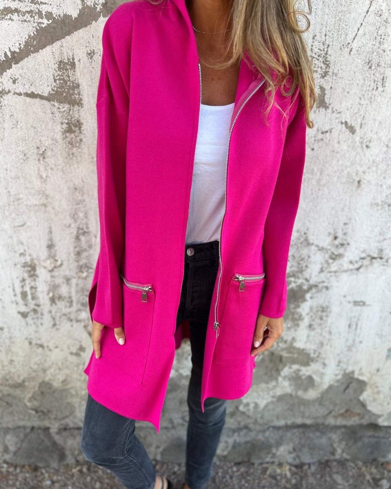 Women's Cardigan with Long Sleeves and Hood in Dark Pink