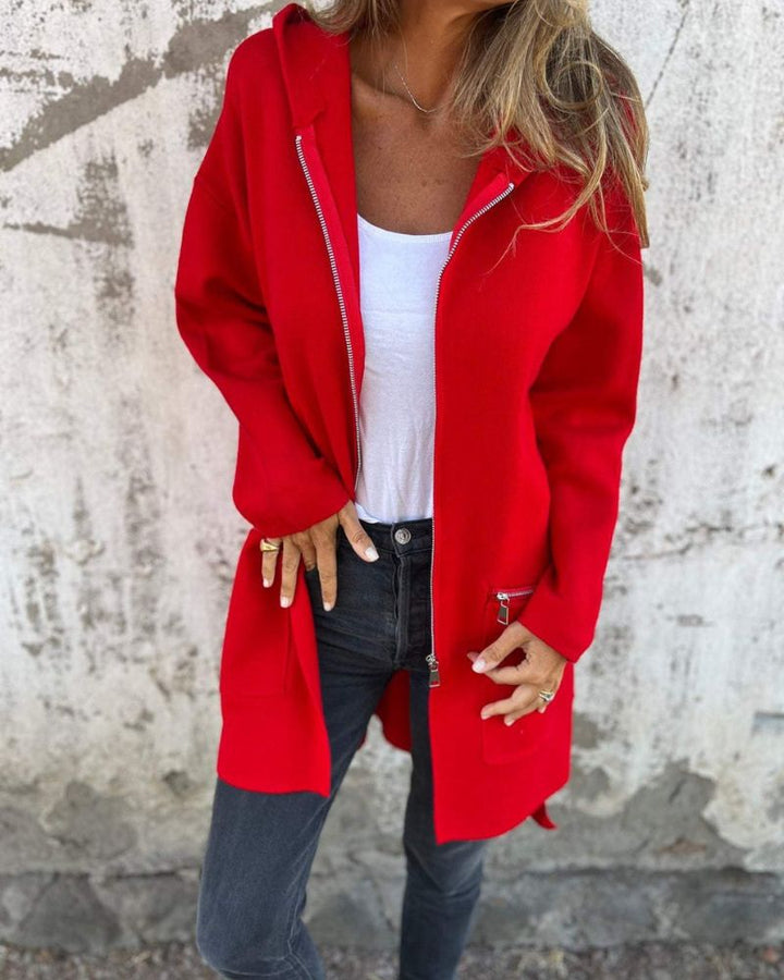 Women's Cardigan with Long Sleeves and Hood in Red