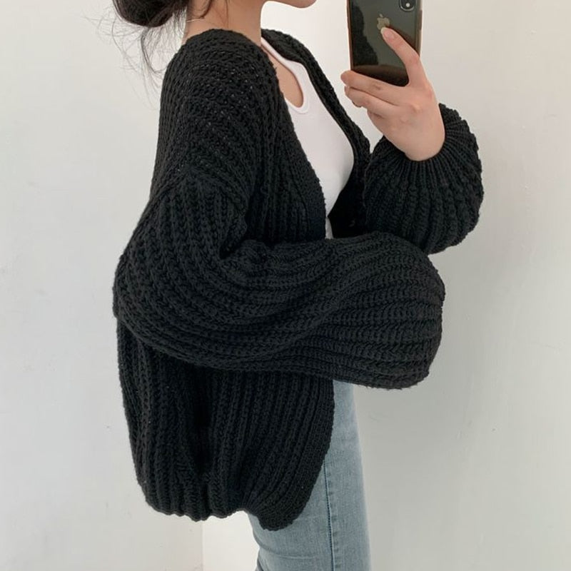 Women's Cardigan with Open-Front Chunky Knit in Black