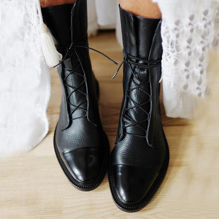 Women's Casual Ankle Boots with Lace-Up Front in Black