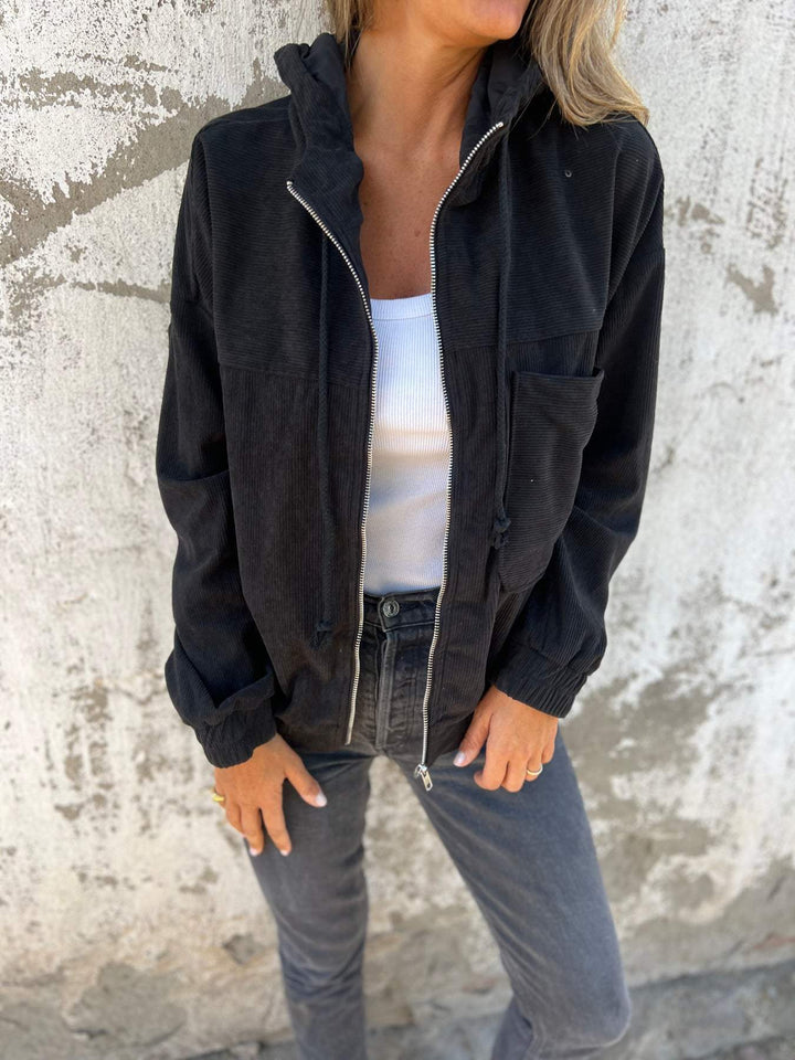 Women's Casual Cotton Hooded Zip Jacket in Black