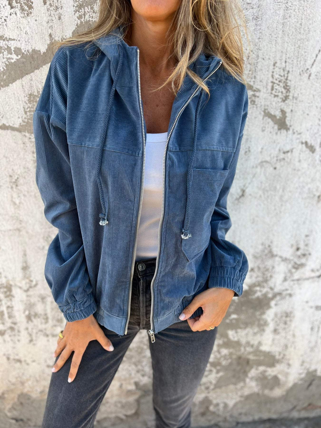 Women's Casual Cotton Hooded Zip Jacket in Blue