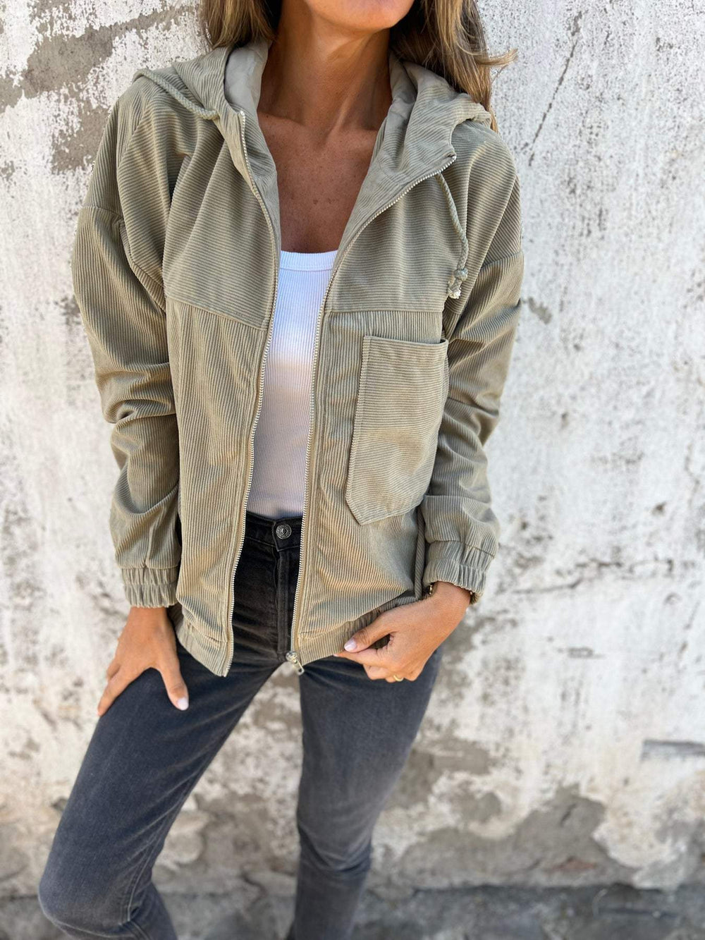Women's Casual Cotton Hooded Zip Jacket in Green