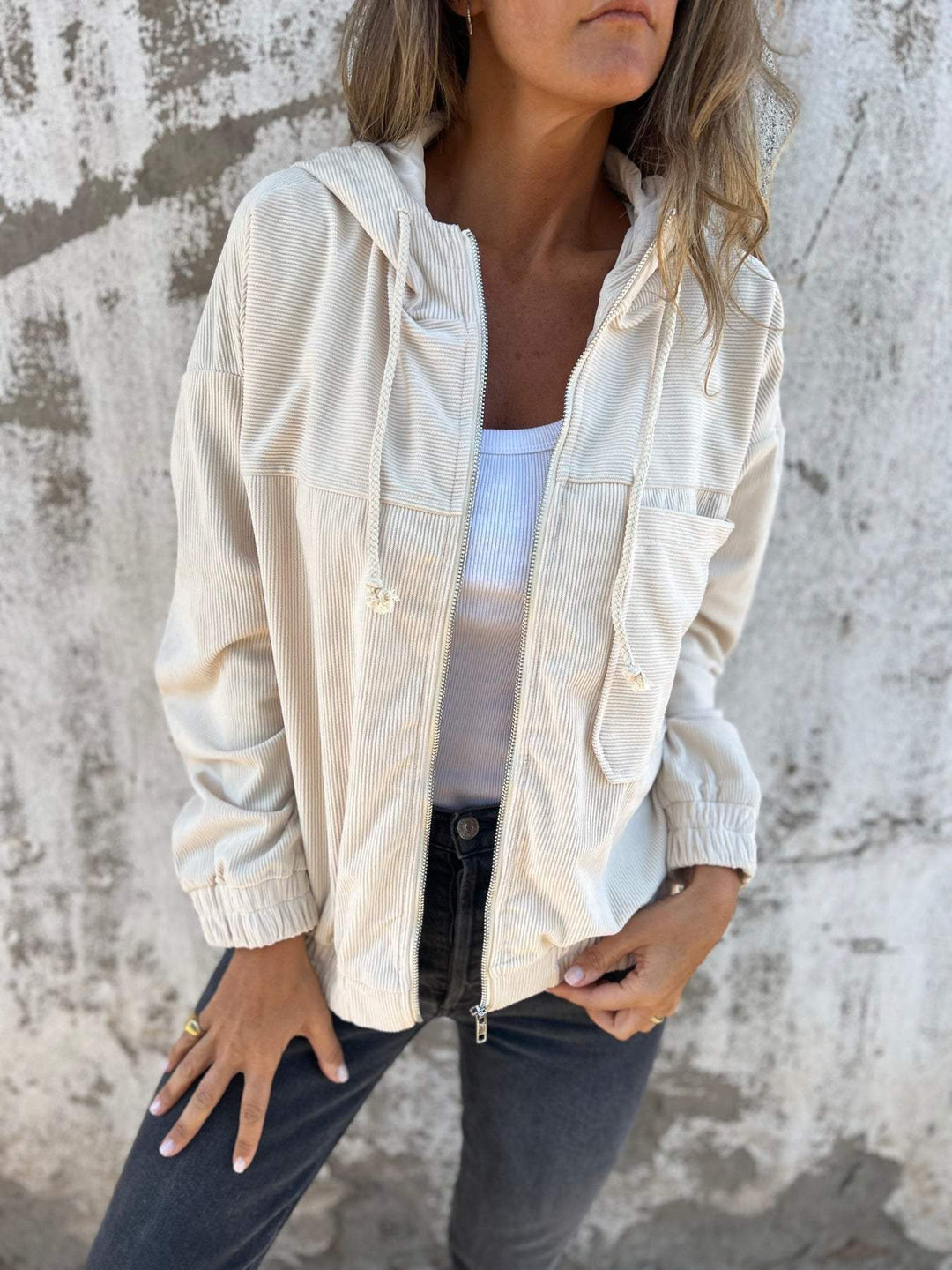 Women's Casual Cotton Hooded Zip Jacket in White