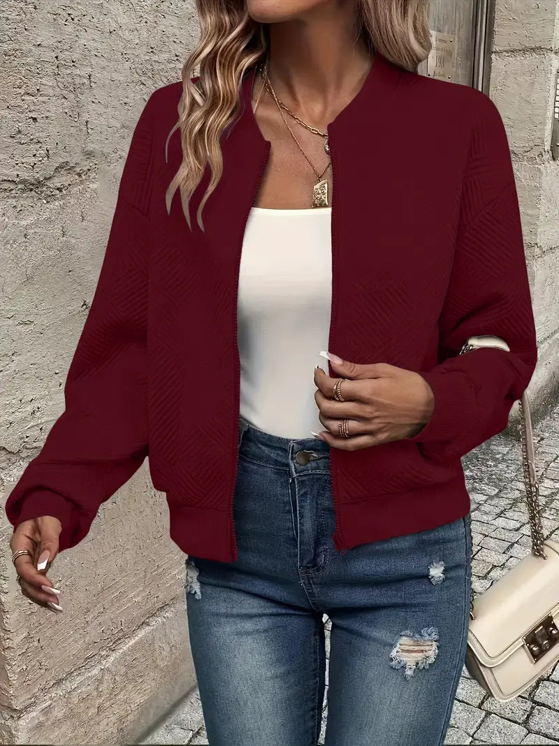 Women's Casual Fleece Zip Jacket for Fall in Dark Red