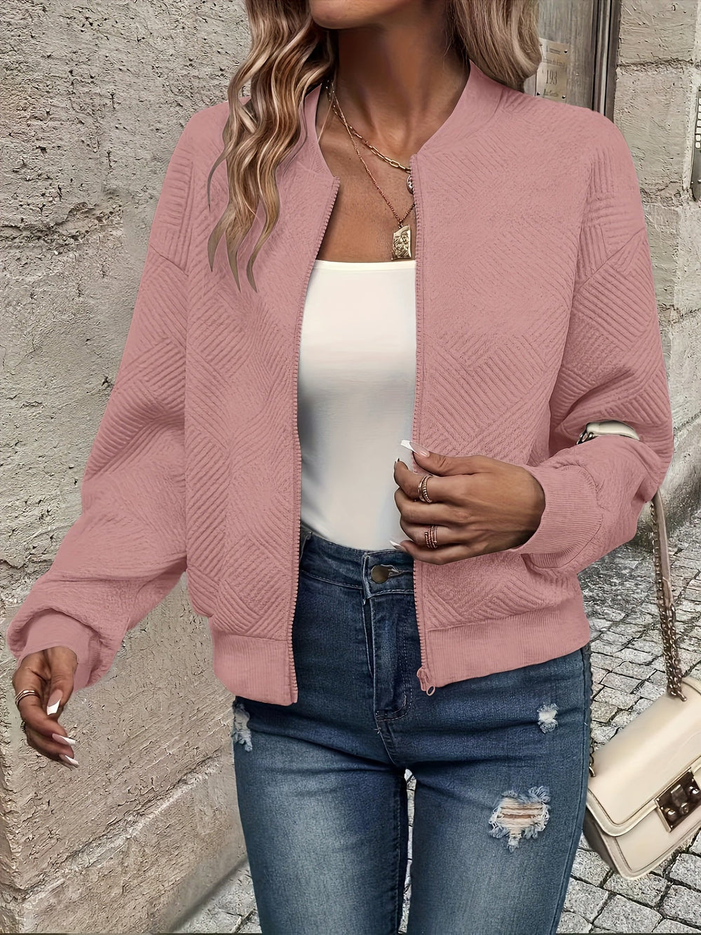 Women's Casual Fleece Zip Jacket for Fall in Pink