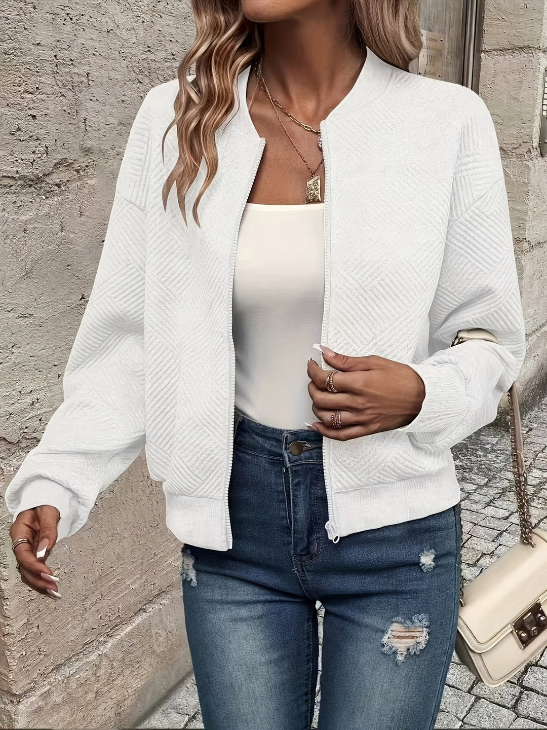 Women's Casual Fleece Zip Jacket for Fall in White