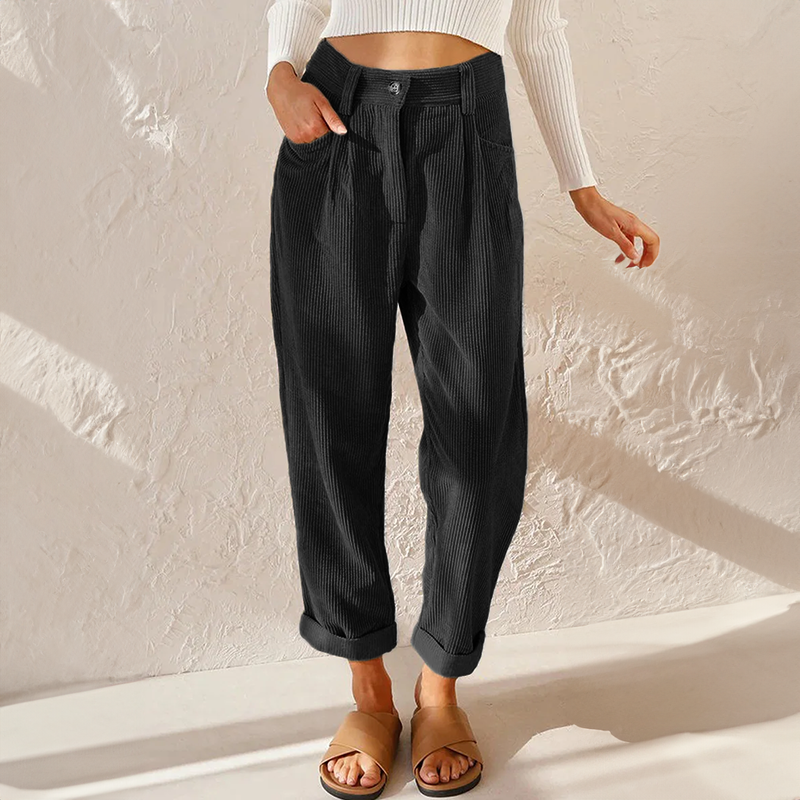 Women's Casual High-Waist Pants with Elastic Waistband in Black