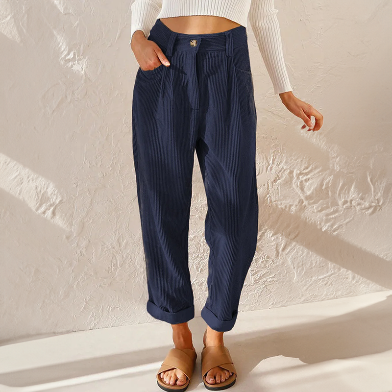 Women's Casual High-Waist Pants with Elastic Waistband in Blue
