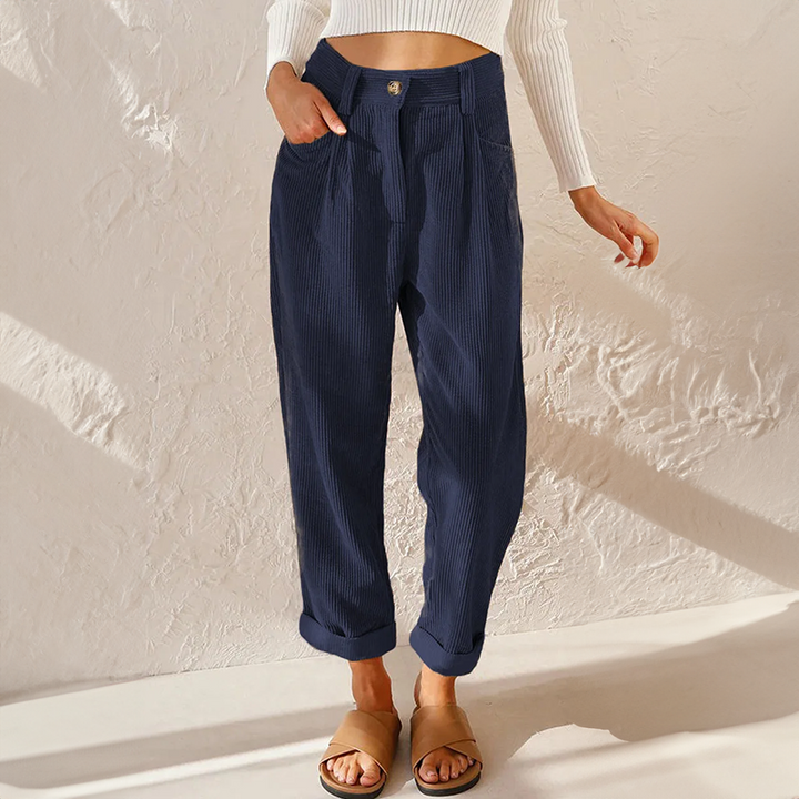 Women's Casual High-Waist Pants with Elastic Waistband in Blue