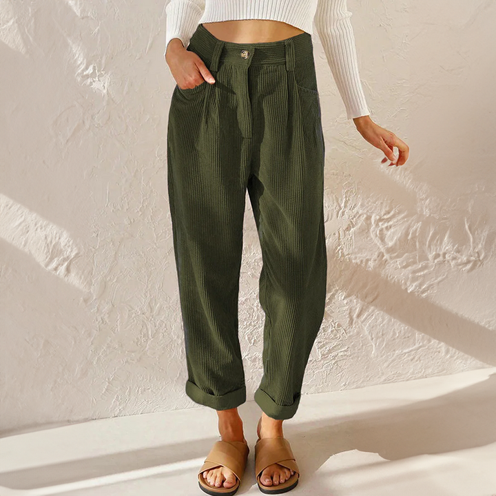 Women's Casual High-Waist Pants with Elastic Waistband in Green