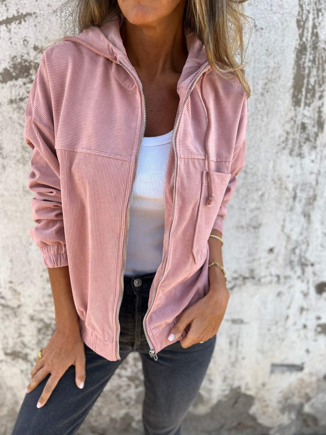 Women's Casual Hooded Cotton Jacket for Fall in Pink