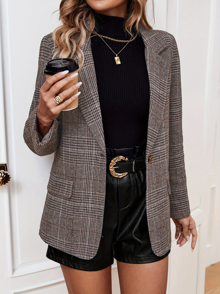 Women's Casual Plaid Long Sleeve Jacket in Coffee