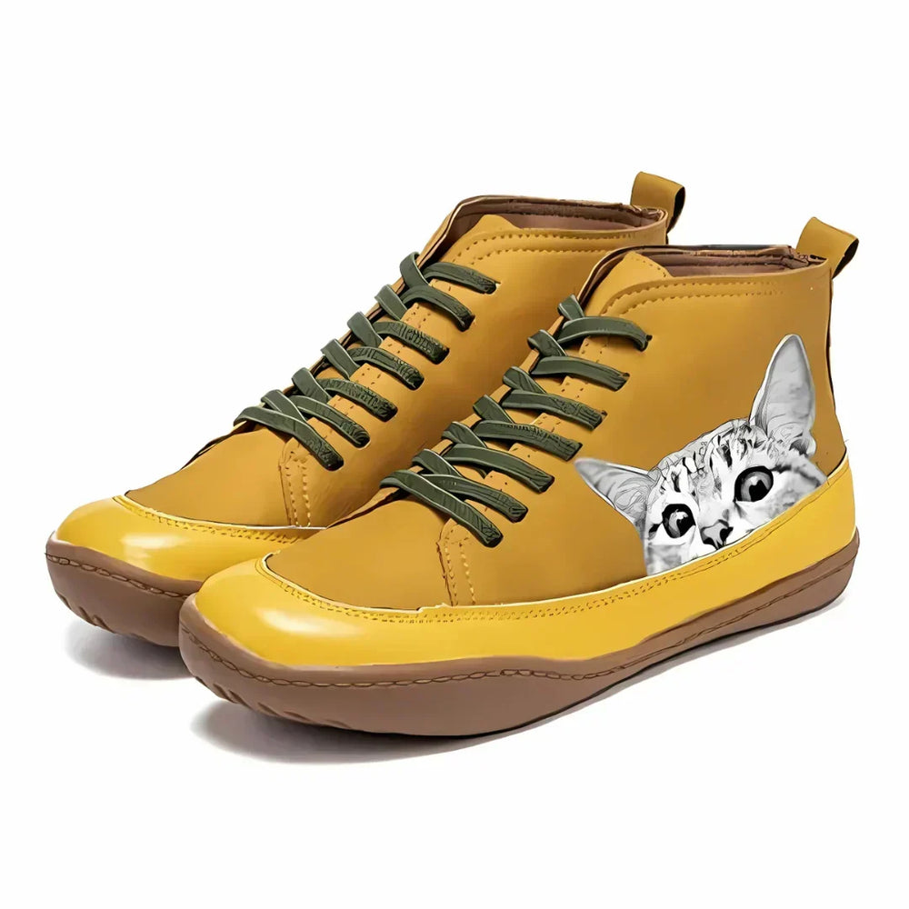 Women's Cat-Inspired Eco-Leather Ankle Boots in Yellow