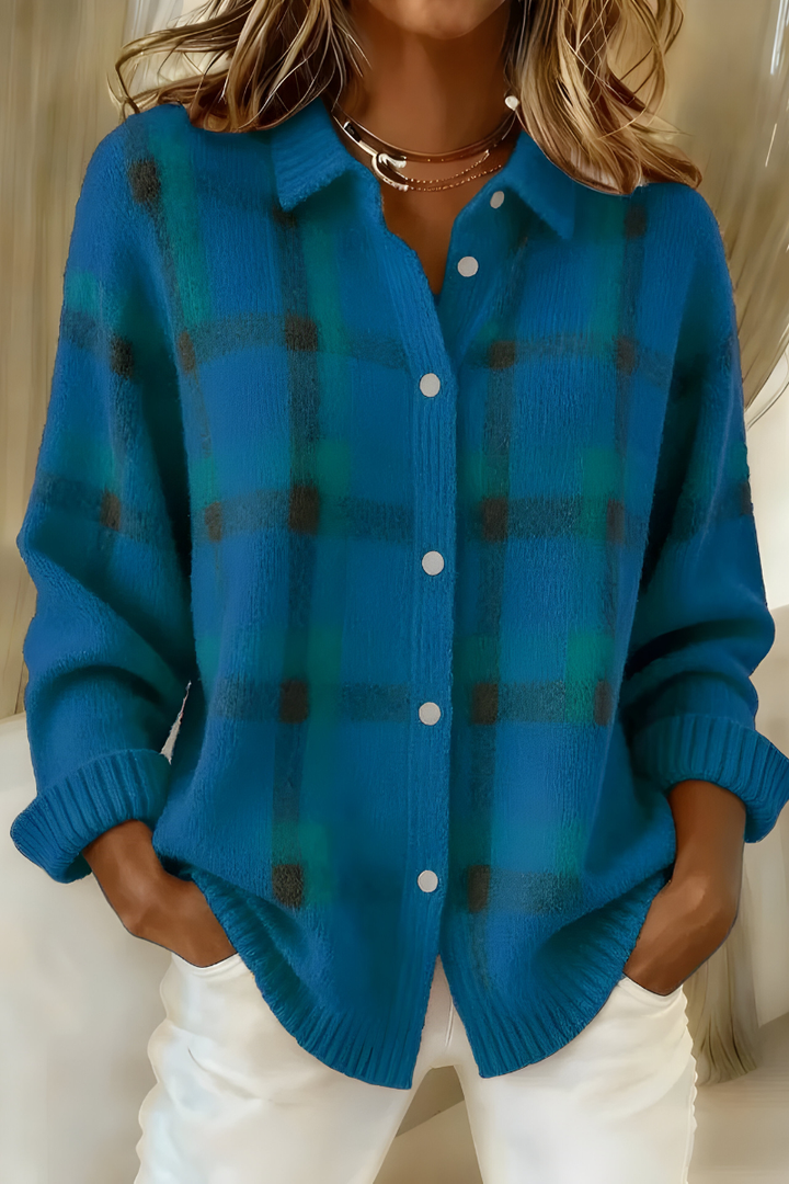 Women's Checkered Knit Cardigan for Fall in Blue