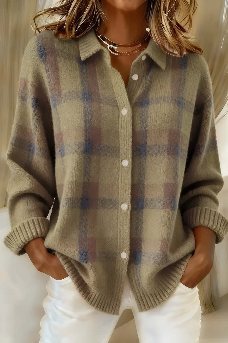 Women's Checkered Knit Cardigan for Fall in Brown