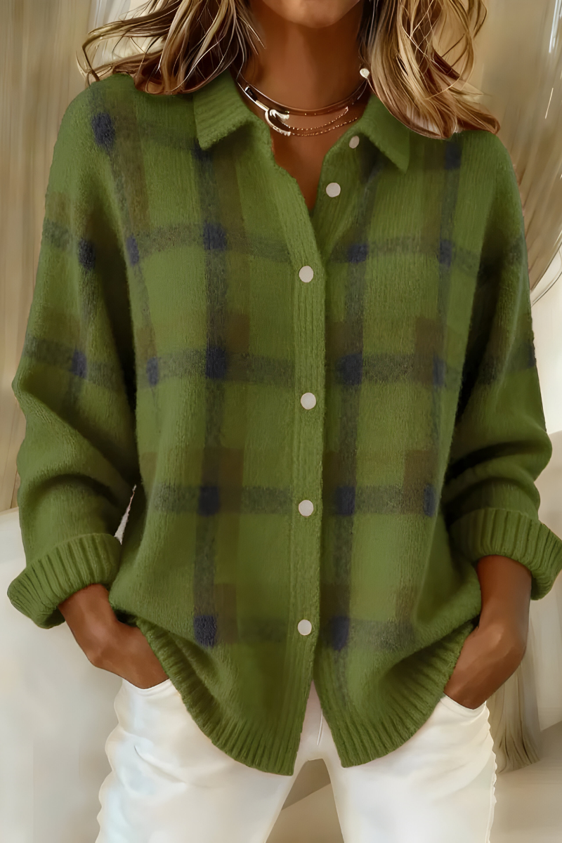 Women's Checkered Knit Cardigan for Fall in Green