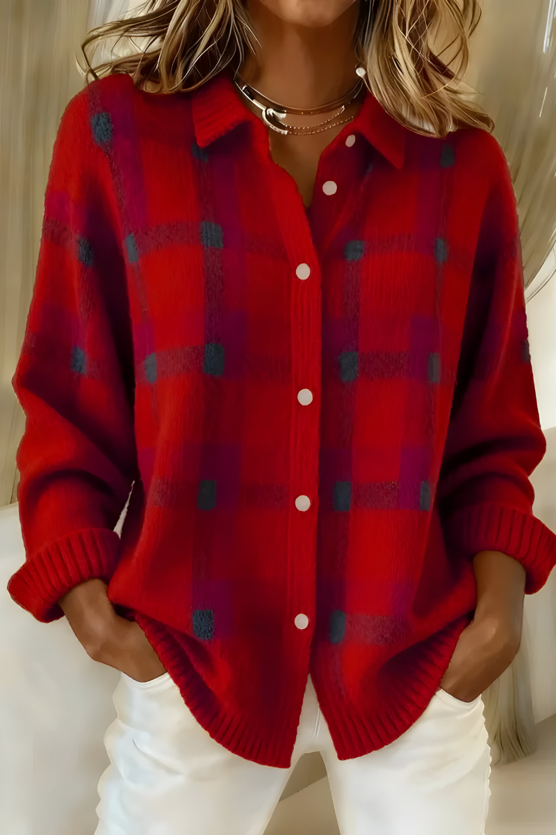 Women's Checkered Knit Cardigan for Fall in Red