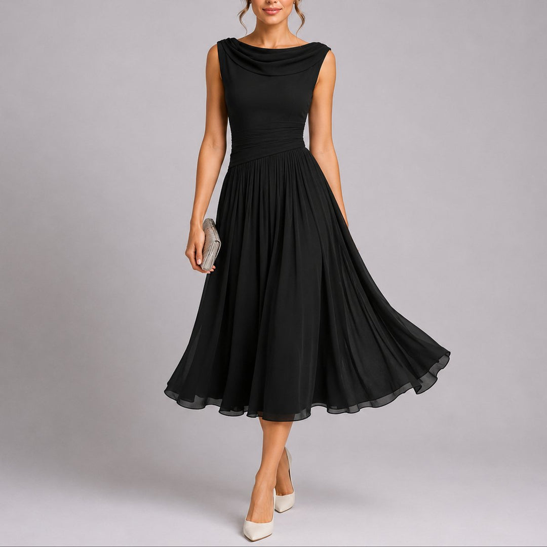 Women's Chiffon Midi Fall Wedding Guest Dress in Black