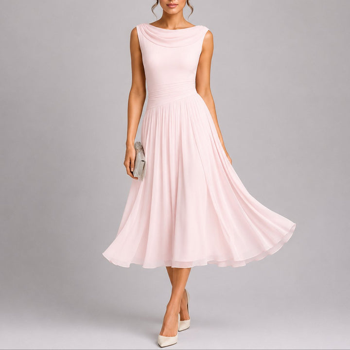 Women's Chiffon Midi Fall Wedding Guest Dress in Pink
