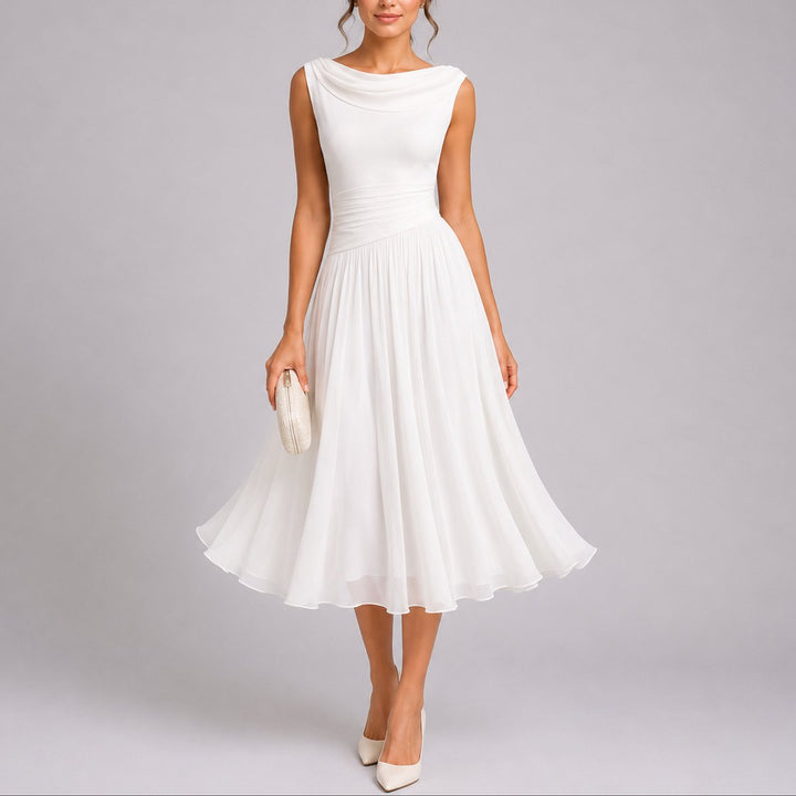 Women's Chiffon Midi Fall Wedding Guest Dress in White