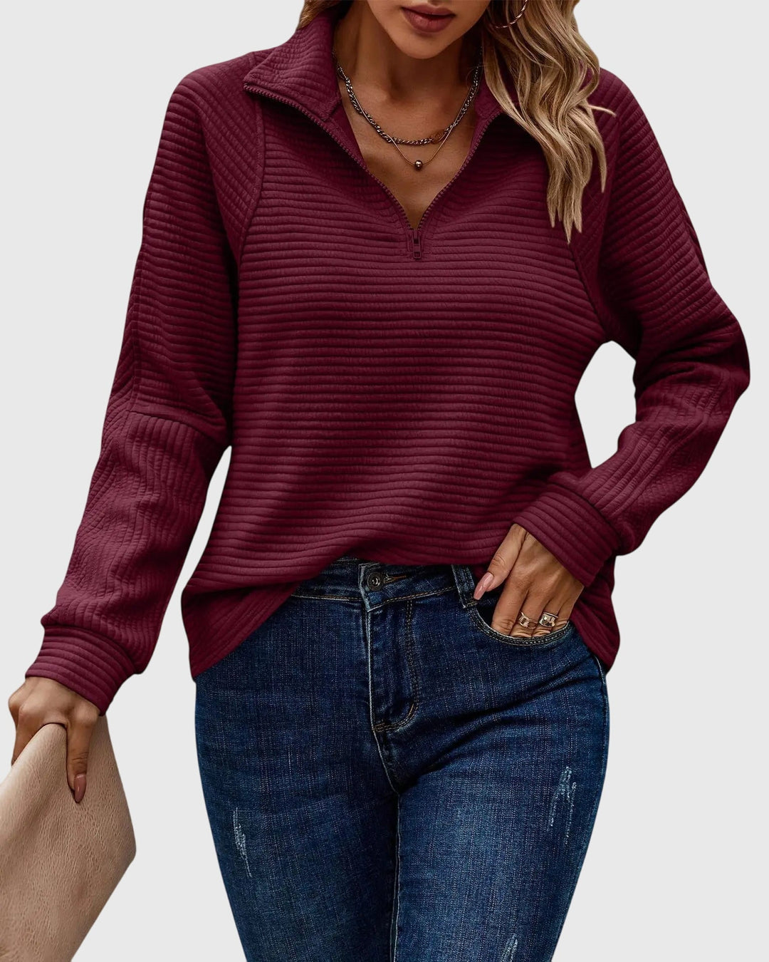 Women's Christmas Sweater with Zipper in Maroon