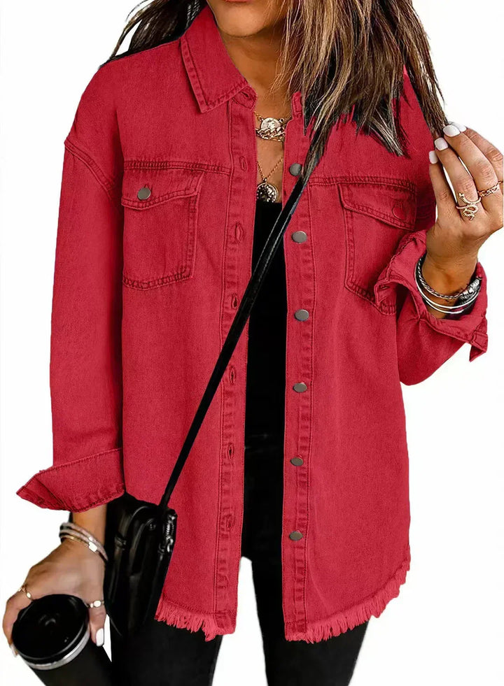 Women's Classic Everyday Oversized Denim Jacket in Red